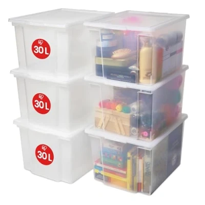 Abbildung von Iris Ohyama, 30L Plastik Aufbewahrungsboxen mit Deckel, 6 große stapelbare Boxen, BPA frei, Wäscherei, Büro, USB M, Transparent L42 x T35.5 H26.5 cm
