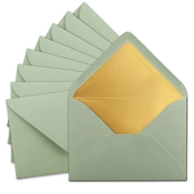 Abbildung von 25x DIN C5 Kuverts 15,7 x 22,5 cm in Eukalyptus (Grün) mit goldenem Seidenfutter Nassklebung Blanko Brief Umschläge Post ohne Fenster im Format Marke: GUSTAV NEUSER