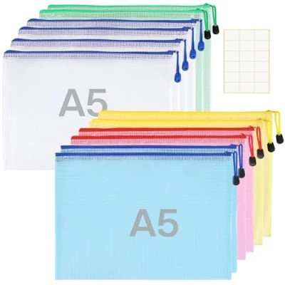 Abbildung von 12 Stück Wasserdichte Dokumententasche A5 Zanfqvo Dokumentenmappe Mesh Kunststoff Beutel mit Reißverschluss und Etiketten für Datei, Papier, Reise, Schminktasche (5 Farben)