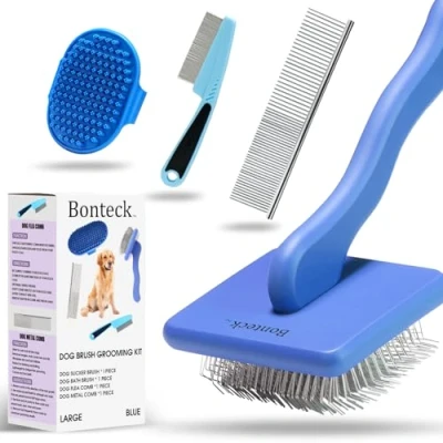 Abbildung von Dog Brush Grooming Kit (Blue) Hundebürsten Set für Hunde Pflegekit 4 teilig Große Hundebürste Goldendoodles, Pudel, Doodles Bürste langhaarige Badebürste und Flohkamm (Blau)