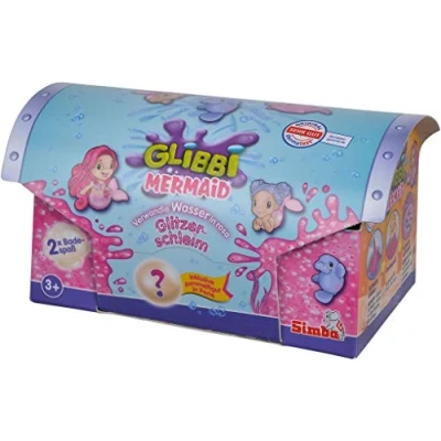 Abbildung von Simba 105953370 Glibbi Mermaid Glitzerbad, Badewannenspielzeug, Pulver verwandelt Wasser in Schleim, mit Figuren zum Sammeln, Meerjungfrau, Glitter, Glitzer, 2 x 150 g, Badespaß, ab 3 Jahren