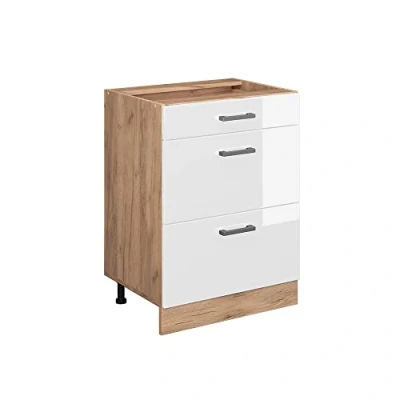 Abbildung von Vicco Unterschrank R Line, Weiß Hochglanz/Eiche, 60cm mit Schubladen, ohne Arbeitsplatte