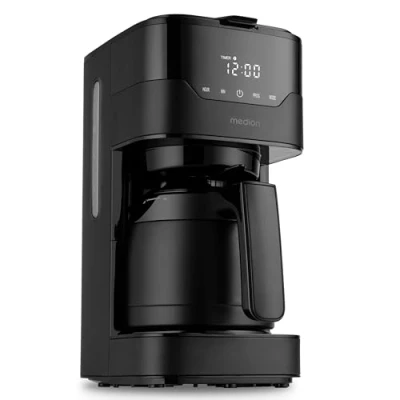 Abbildung von MEDION Kaffeemaschine mit Thermoskanne und Timer (Filtermaschine, 8 Tassen, 1,2 Liter, 900 Watt, 3 Stufen, Warmhaltefunktion, Zeitschaltuhr, Antitropf, Display, MD18458) matt schwarz