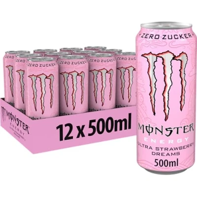 Abbildung von Monster Energy Ultra Strawberry Dreams koffeinhaltiger Drink mit süßlich saurem Erdbeer Geschmack ohne Zucker, Kalorien in praktischen Einweg Dosen (12 x 500 ml)