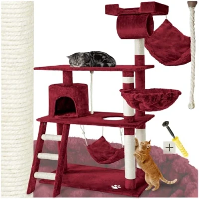 Abbildung von tectake Katzen Kratzbaum, Katzenbaum, Kletterbaum, 141cm hoch, Katzenhaus Indoor mit Hängematte, Höhle, Spielseil und Treppe, Plüsch Sisal, Kratzmöbel Spielzeug, extra breit weinrot