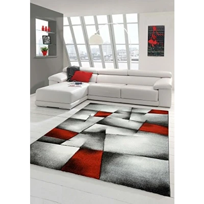 Abbildung von Teppich Traum Designer Moderner Wohnzimmer Kurzflor mit Konturenschnitt Karo Muster Rot Grau Weiß Schwarz Größe 120x170 cm