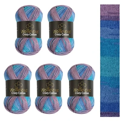 Abbildung von 5 x 100g Wollbiene Crazy Cotton Batik 500 Gramm mit Farbverlauf 55% Baumwolle mehrfarbig Multicolor Strickwolle Häkelwolle Wolle Ganzjahreswolle (6020 blau flieder türkis)