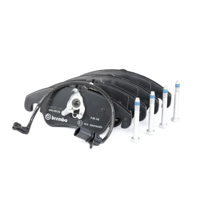 Abbildung von BREMBO P 85 145 Bremsbelagsatz inkl. Verschleißwarnkontakt mit Bremssattelschrauben, Kolbenclip ohne Zubehör AUDI: A6 C7 Limousine, Avant