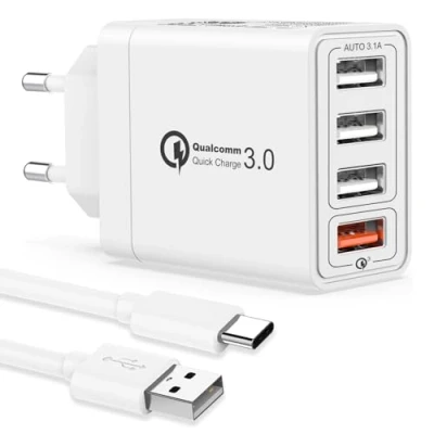 Abbildung von USB Ladegerät Mehrfach mit 1M C Kabel, Netzteil 4 Ports 33W Schnellladegerät QC3.0 Adapter Steckdose Ladestecker für iPhone 16 15 Plus,Samsung S24/S23/S21,Handy