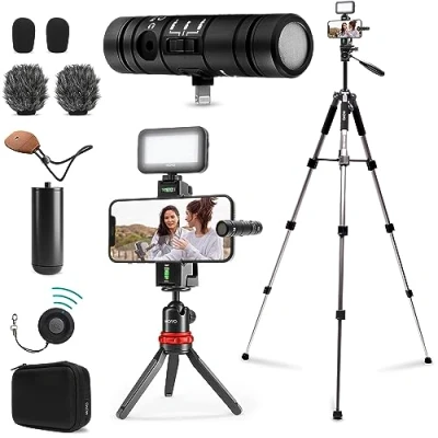 Abbildung von Movo iVlog Interview iPhone Vlogging Set, All in One Lösung mit DoubleMic, LED Licht, Tischstativ und Telefonhalterung für professionelle Inhalte