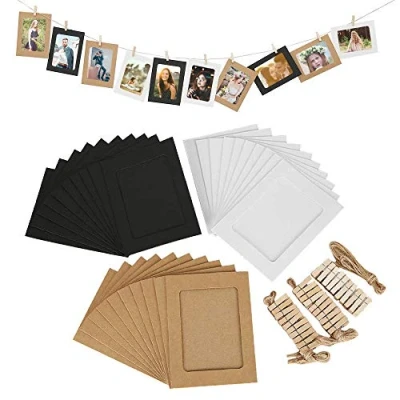 Abbildung von KiKiHong 30 Stück Papier Bilderrahmen DIY Kraftpapier Hängende Wanddekoration mit Clips und 3 Hanf Seile Set, 15.5 x11.5cm