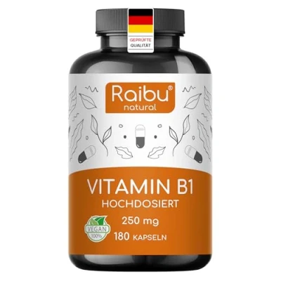 Abbildung von Vitamin B1 (Thiamin), 250 mg pro Kapsel 180 vegane Kapseln, 6 Monatsvorrat Hochdosiertes B1, hohe Bioverfügbarkeit &amp; laborgeprüft Ohne unerwünschte Zusätze, Raibu
