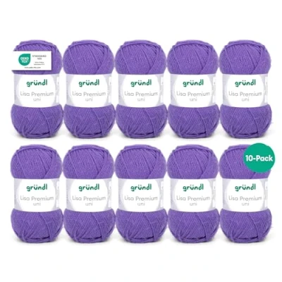 Abbildung von Gründl Wolle Lisa Premium Uni Strickgarn aus 100 % Polyacryl, Garn zum Häkeln/ Stricken 50 g / 133 m, 10 x Knäuel, Nadel: 3,5 4,5, Lila 43
