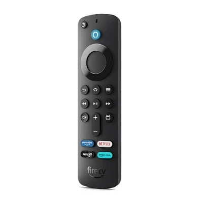 Abbildung von Amazon Alexa Sprachfernbedienung mit TV Steuerungstasten, erfordert kompatibles Fire Gerät