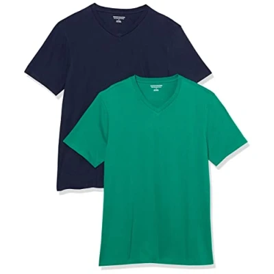 Abbildung von Amazon Essentials Herren T Shirts mit V Ausschnitt, 2er Pack, Marineblau/Smaragdgrün, L