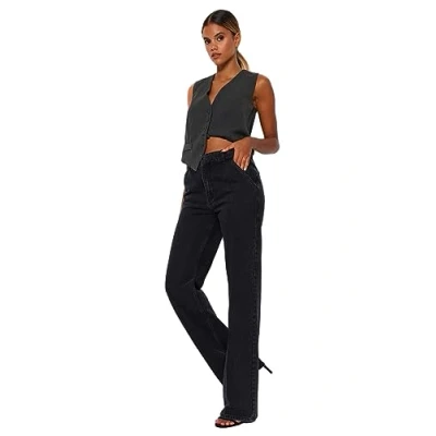 Abbildung von TRENDYOL Damen Gerade Weites Bein Hohe Taille Jeans, Schwarz, 32
