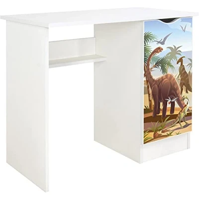 Abbildung von Leomark Weiß Kinderschreibtisch Roma Gemütlich Schreibtisch für Kinder mit Regal, Computertisch, Möbel Kinderzimmer, Höhe: 77 cm (Dino)