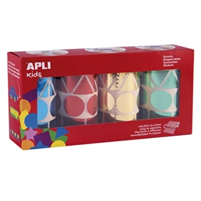 Abbildung von APLI Kids 19191 Packung mit 4 Rollen aus Metall, geometrisch, 27 mm, Blau, Rot, Gelb, Grün