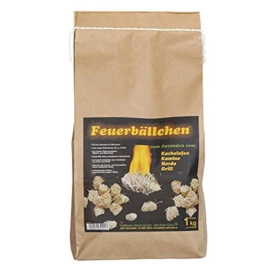 Abbildung von Feuerbällchen das Original zum Anzünden von Kachelofen, Kamin, Herd, Grill, Lagerfeuer aus reinen Naturprodukten unempfindlich gegen Nässe Made in Germany 1 kg Tüte (ca. 80 Stück)