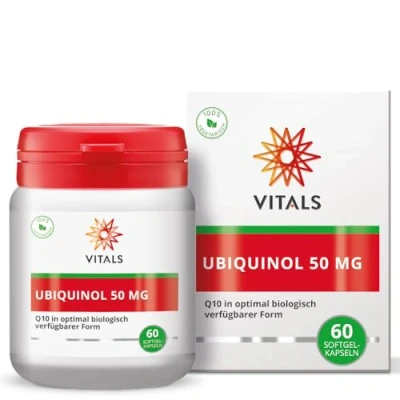Abbildung von Vitals Ubiquinol 50mg 60 vegetarischen Softgel Kapseln. Die biologisch aktive Form von Q10. Vom weltweit führenden Q10 Spezialisten Kaneka. Optimale Bioverfügbarkeit.