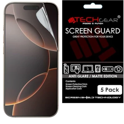 Abbildung von TECHGEAR Displayschutzfolie für iPhone 16 Pro, matt, blendfrei, mit Reinigungstuch und Applikationskarte, kompatibel Pro cm (6,3 Zoll), 5 Stück