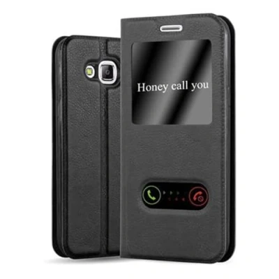 Abbildung von Cadorabo Hülle kompatibel mit Samsung Galaxy J5 2015 Sichtfenster aus Kunst Leder Flip Klappbare Magnetische [Standfunktion] [Kartenfächern] Cover für Tasche in Schwarz