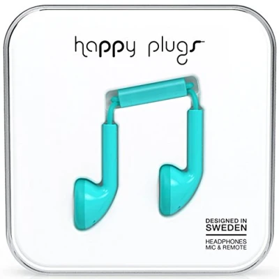 Abbildung von Happy Plugs Earbuds Ohrhörer mit Integriertem Mikrofon und Fernbedienung Kompatibel Apple iPhone, iPod, iPad sowie Android Smartphones, Tablets MP3 Playern Türkis