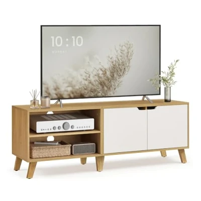 Abbildung von VASAGLE TV Schrank, Fernsehtisch mit 2 Türen, 140 cm lang, Regal für Fernseher bis zu 60 Zoll, verstellbare Ablagen, Wohnzimmer, Esszimmer, Schlafzimmer, natureichenfarben cremeweiß LTV027N01
