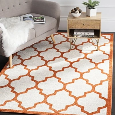 Abbildung von SAFAVIEH Geometrisch Teppich für Wohnzimmer, Esszimmer, Schlafzimmer Amherst Collection, Kurzer Flor, Beige und Orange, 183 X 274 cm