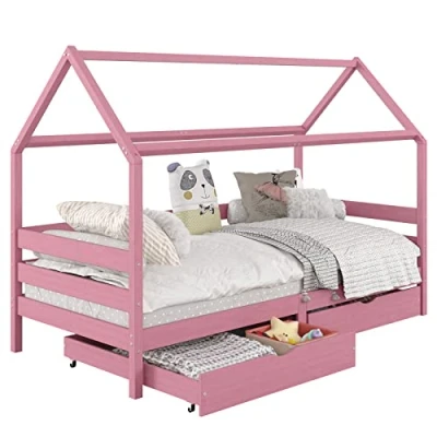 Abbildung von IDIMEX Kinderbett CLIA, Hausbett CLIA Montessori 2 Schubladen 90 x 200 Kiefer massi