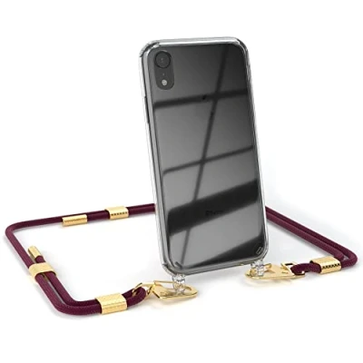 Abbildung von EAZY CASE kombinierbare Handyketten kompatibel mit iPhone XR, Transparente Silikon Hülle stylischen rundem Umhängeband, Abnehmbarer Karabiner, Band, zum Umhängen, Beere Clips Gold