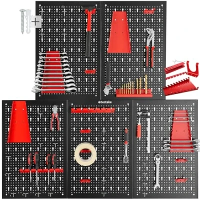 Abbildung von tectake® Werkzeug Lochwand aus Metall, 200 x 60 2 cm, Werkzeugwand Lochplatte, inkl. Werkzeughalter Set Haken und Halterungen, Wandregal Regalsystem für Werkbank, Garage, Werkstatteinrichtung 5tlg