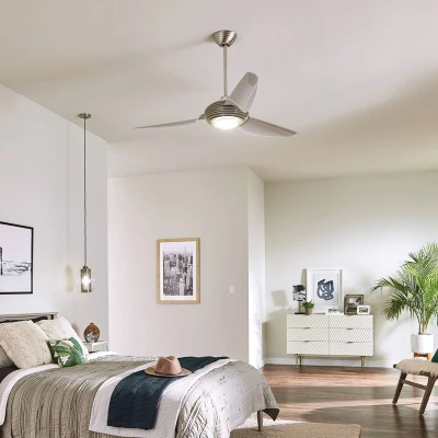 Abbildung von Kichler KLF Voya 60 BS Deckenventilator Ø152cm LED 14W 3000K für den Innenbereich Edelstahl gebürstet, Champagner klar dimmbar mit Fernbedienung