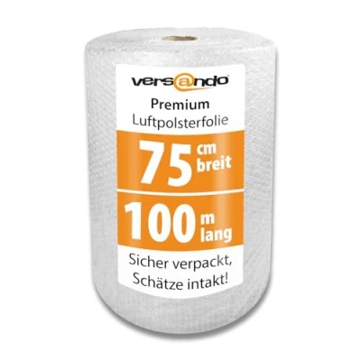 Abbildung von versando Premium Luftpolsterfolie 100m x 0,75m Versand, Verpackung, Umzug Noppenfolie Bubble Wrap LPF Rolle