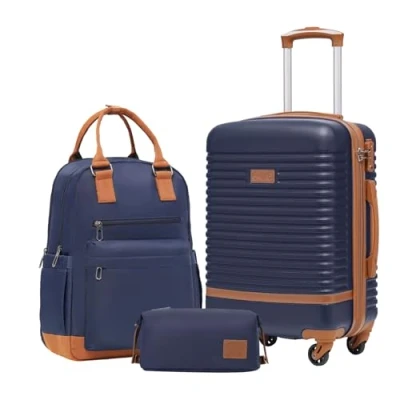 Abbildung von COOLIFE Koffer Trolley Reisekoffer von ABS Hartschalen 4 Rollen TSA Schloss Der Enthält 1 Reiserucksack und Kulturbeutel (Blau/Braun, Handgepäck Set 3tlg)