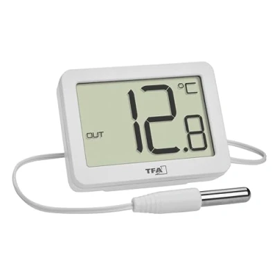Abbildung von TFA Dostmann Digitales Innen Außen Thermometer, 30.1066.02, inkl wasserdichten Fühler (ca. 3m), Höchst und Tiefstwerte, mit Magnet/Ständer, große Anzeige, batteriebetrieben, kompakt, weiß