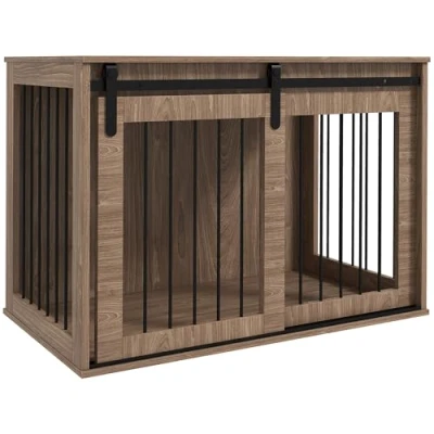 Abbildung von PawHut Hundehütte Hundebox mit Schiebetür, Hundehaus Verriegelung, für große Hunde bis 30 kg, 98 x 58 61 cm, Walnuss