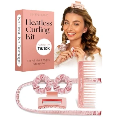 Abbildung von Lily England Heatless Hair Curlers to Sleep In No Heat Curling Gift Set Includes Satin Headband, Clip, Comb, &amp; 2 Scrunchies Sleek Smooth Overnight Curls for Long Short