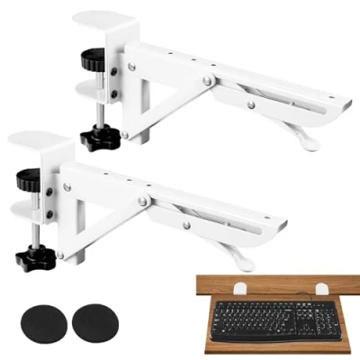 Abbildung von Tastaturauszug, Tastaturablage Ohne Bohren, Keyboard Stand mit Verstellbare C Klemmeunter, Schreibtisch Erweiterung Lärm, Verlängerung Ergonomische, Ausziehbar, 2pcs