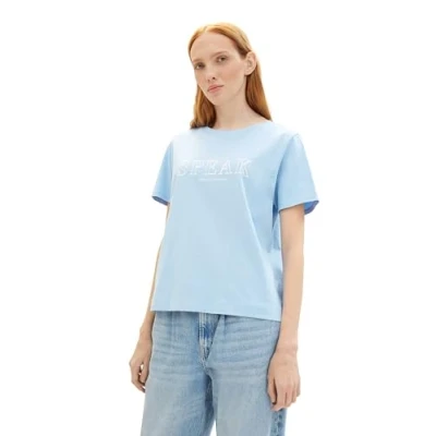 Abbildung von Tom Tailor Denim Damen Loose Fit T Shirt mit Schriftzug, 11139 Soft Charming Blue, M