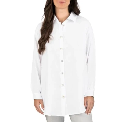 Abbildung von DENIMFY Musseline Bluse Damen Oversized DFMathilda Hemdbluse Sommer Langarm Knopfleiste Einfarbig 100% Baumwolle Weiß M L, Größe:M/L, Farben:White (62000)