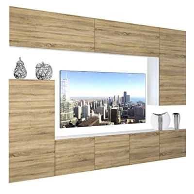 Abbildung von BELINI Wohnwand Wohnzimmer Set Vollausstattung Moderne Schrankwand mit LED Beleuchtung Anbauwand TV Schrank Sonoma Eiche