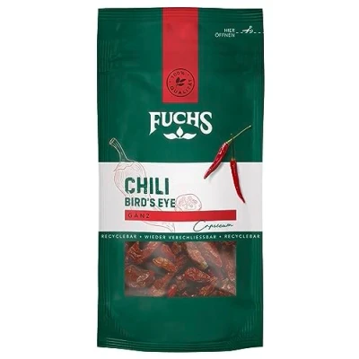 Abbildung von Fuchs Gewürze Chili Bird&#039;s Eye ganz im wiederverschließbaren, recyclebaren Beutel aus natürlichen Zutaten 10 g