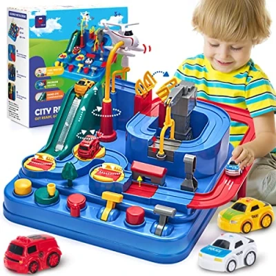 Abbildung von hahaland Auto Spielzeug ab 2 3 4 5 Jahre, Track Cars Jahre Junge Mädchen, Autorennbahn Abenteuer Kinderspielzeug, Spielzeugauto Geschenk für Kinder