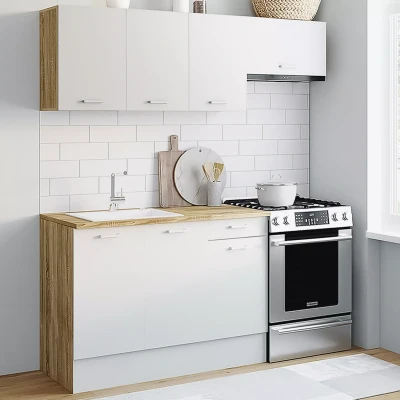 Abbildung von IDMarket Komplette Küche, 180 cm, Subtil mit Arbeitsplatte, 5 Elemente, Holz und Weiß