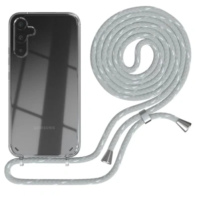 Abbildung von EAZY CASE Handy Chain kompatibel mit Samsung Galaxy A34, Handykette Tasche transparent, Stoßfeste Soft Silikon TPU, Kette Hülle für Smartphone, Grau/Weiß Verschlüssen in Silber