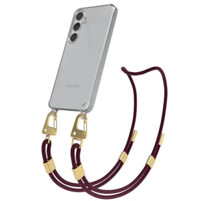 Abbildung von EAZY CASE Handykette mit Karabiner kompatibel Samsung Galaxy S24 Hülle Silikon Fallschutz transparente Handyhülle für Kette zum Umhängen Schutzhülle in Beere Clips Gold