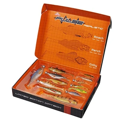 Abbildung von Berkley Pulse Realistic Set mit 13 Gummiködern und 6 Jigköpfen. Geschenkbox für Angler, die auf Barsch, Zander, Hecht, Rapfen, Döbel Forelle angeln.