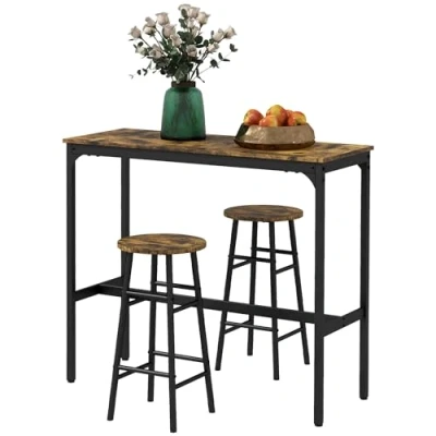Abbildung von HOMCOM Bartisch Set, 3tlg. Essgruppe, Küchentisch mit 2 Barhocker im Industriedesign, für Küche, Esszimmer, Stahl, Rustikal Braun