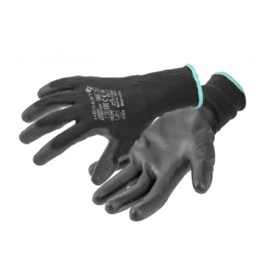 Abbildung von Högert Technik JAGST Handschuhe mit Polyurethanbeschichtung, schwarz, Größe 8, 12 Paar/Packung, abriebfest und flexibel, ideal für präzise Montagearbeiten